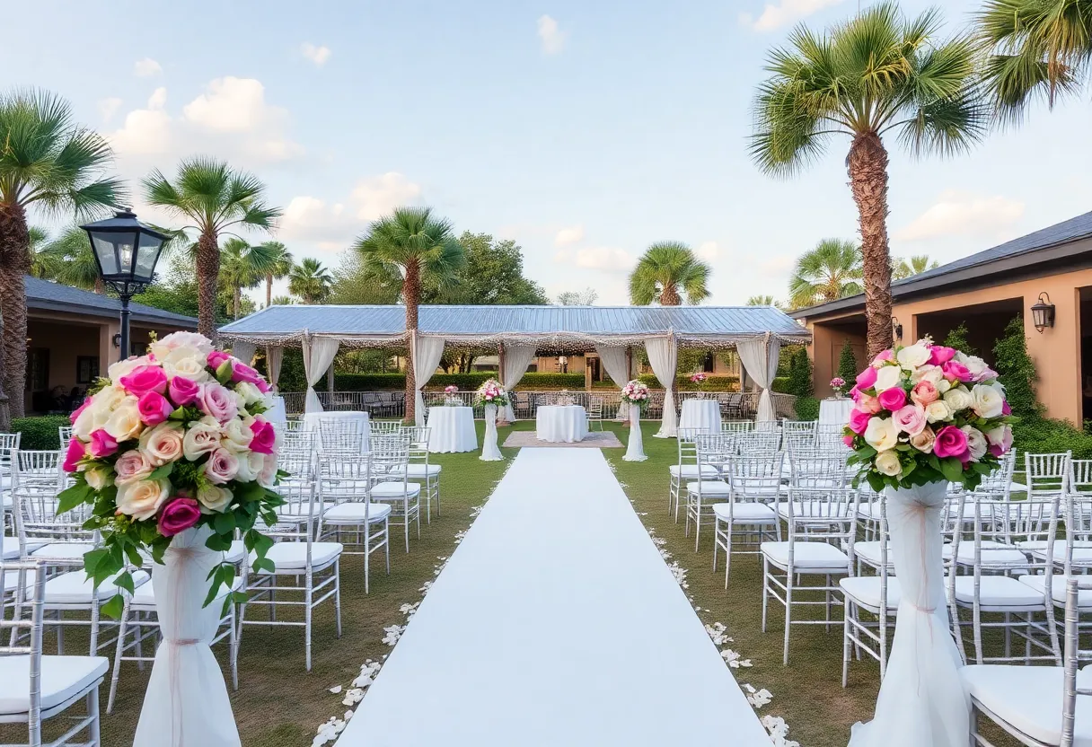 An elegant wedding setup at a venue in Jacksonville, showcasing floral arrangements and decorations.