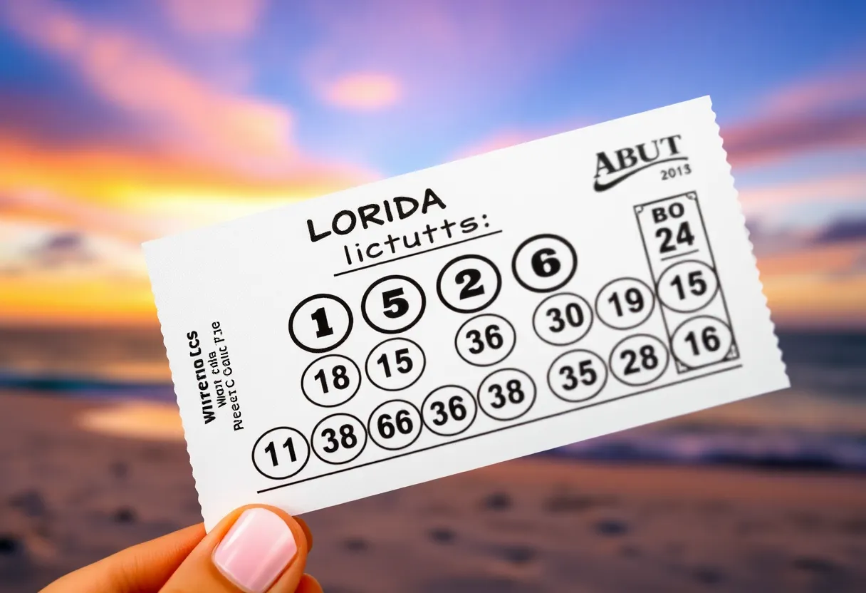 Florida Lotto ticket with winning numbers against a beach background