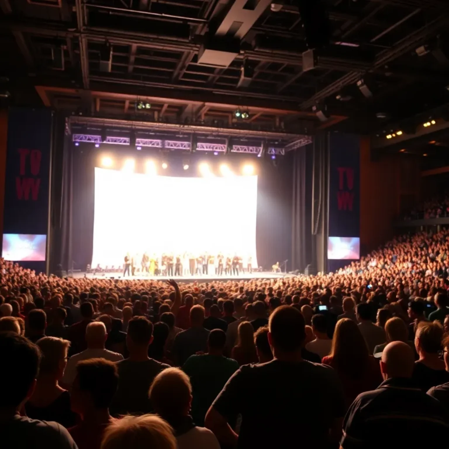 Crowd enjoying a comedy concert at VyStar Veterans Memorial Arena