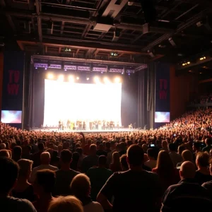Crowd enjoying a comedy concert at VyStar Veterans Memorial Arena