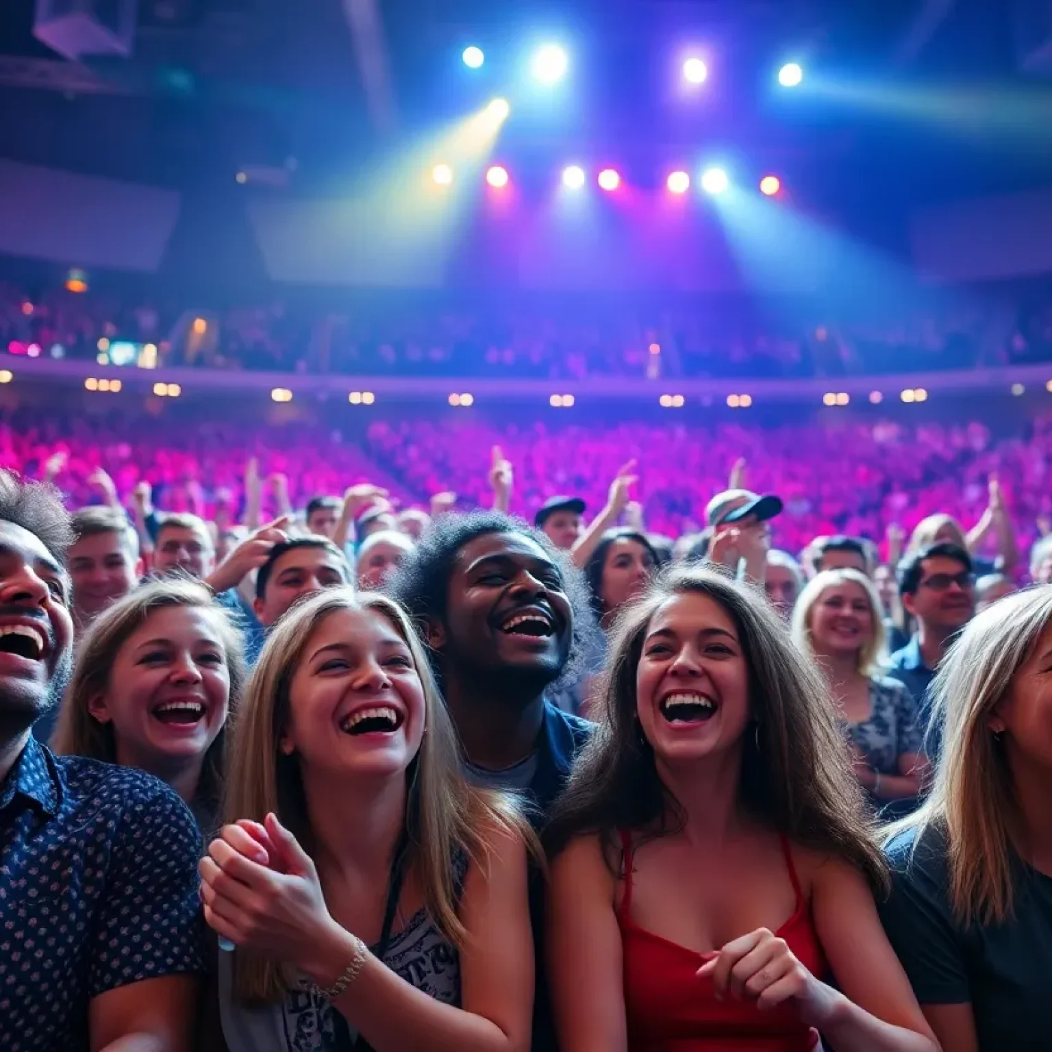 Audience enjoying a comedy show in a large arena