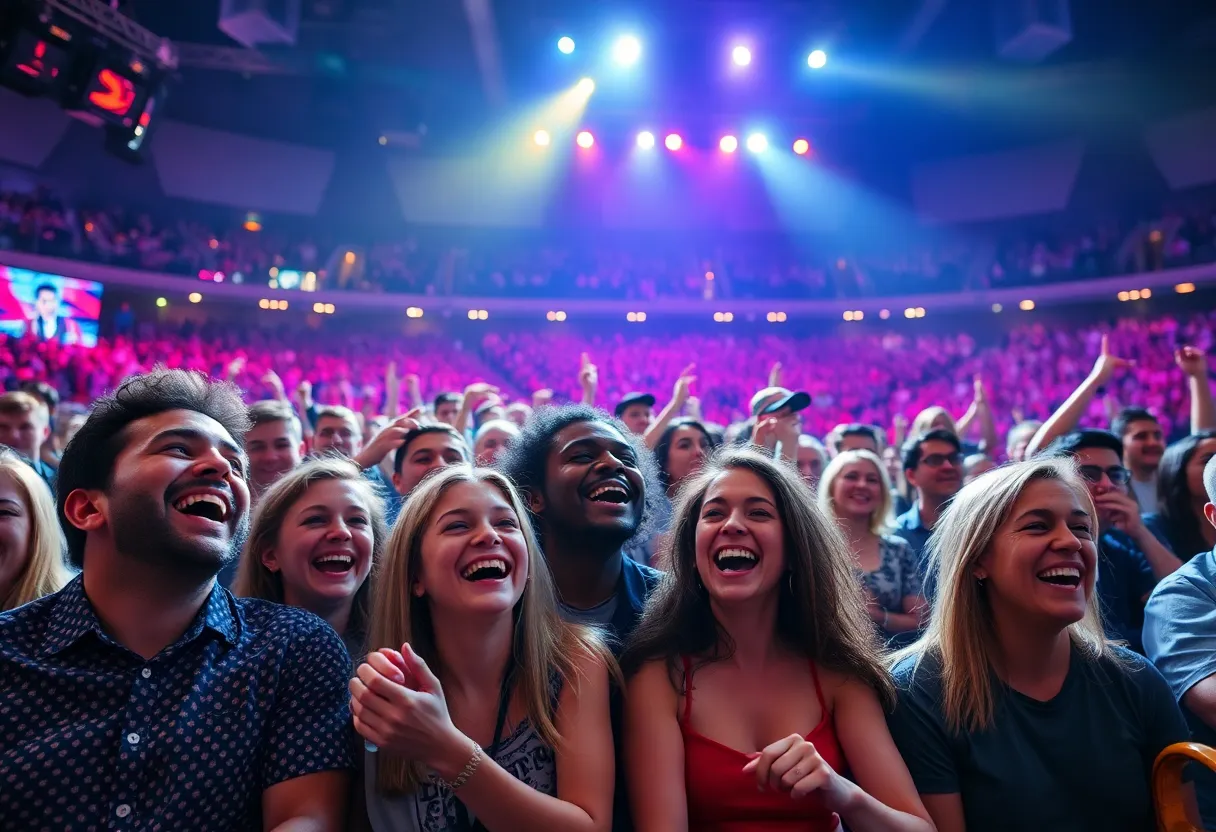 Audience enjoying a comedy show in a large arena