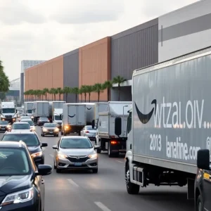 Amazon delivery center in Jacksonville with trucks and traffic.