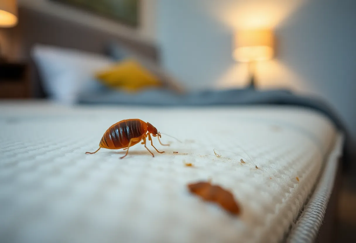 Close-up of a bedbug on a mattress