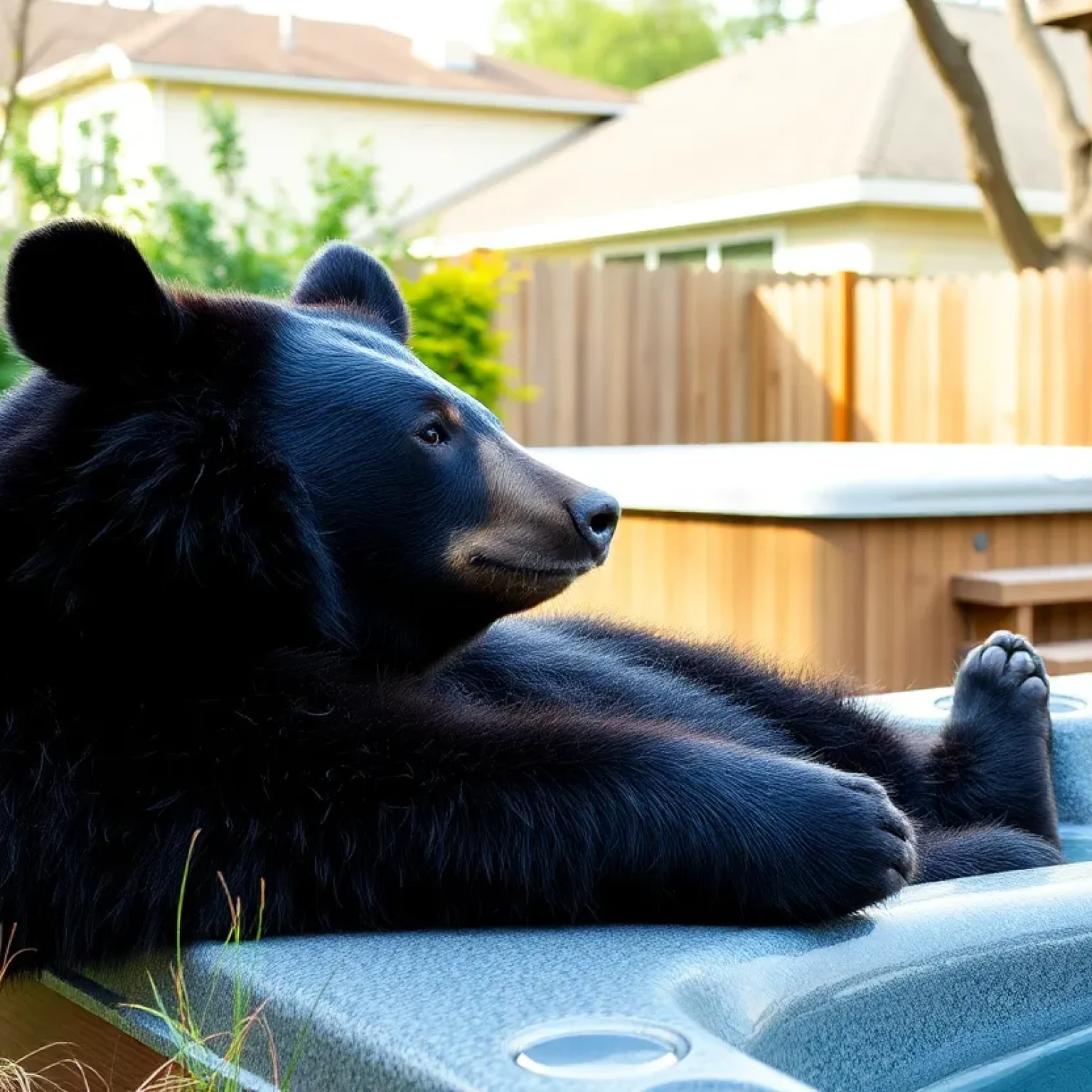 A black bear relaxing in a backyard after wandering into a residential area.