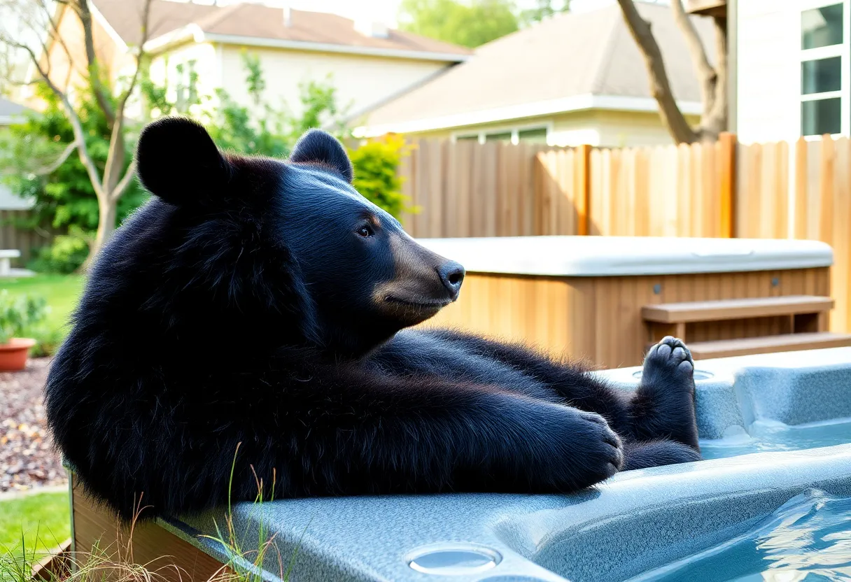 A black bear relaxing in a backyard after wandering into a residential area.