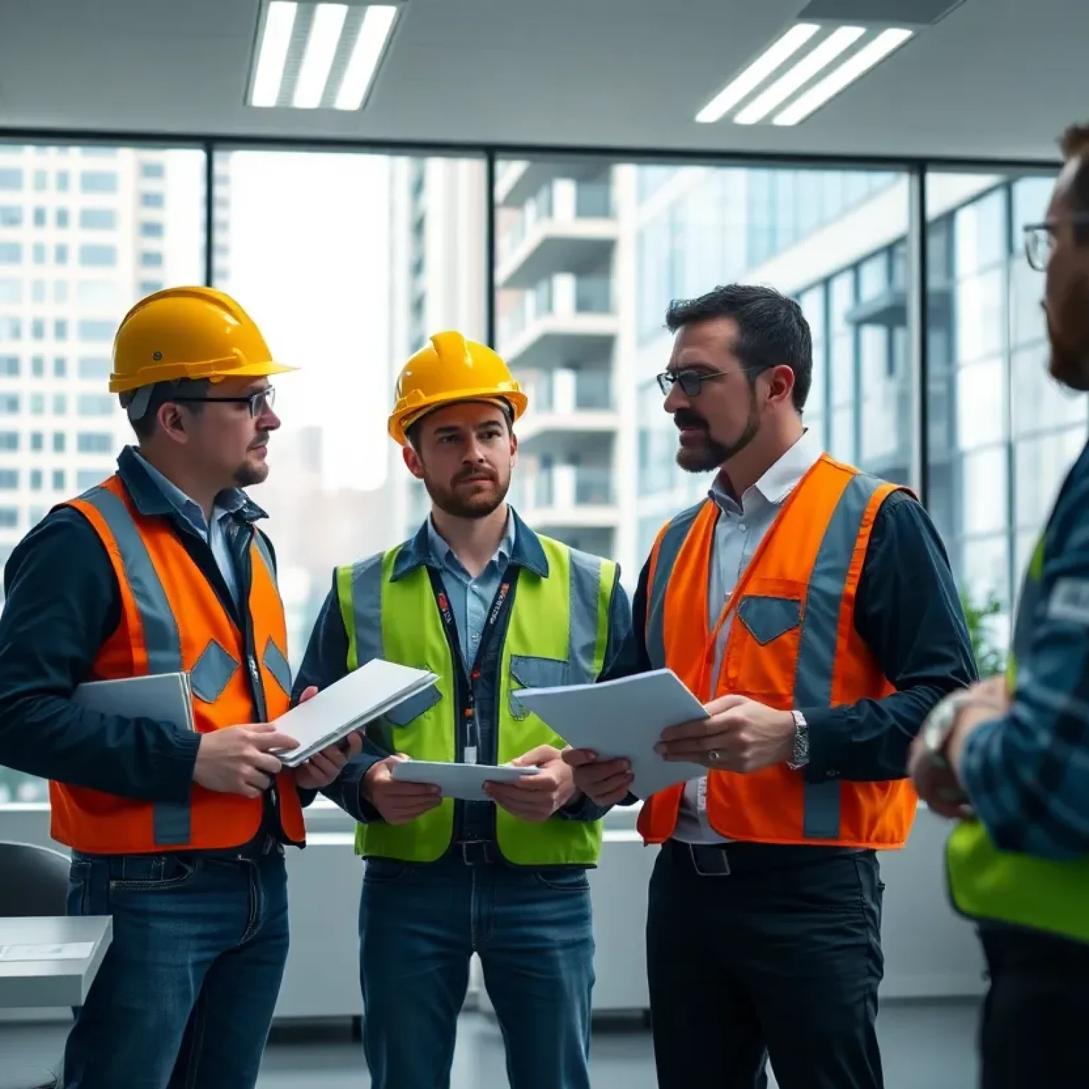 City building inspection office with professionals discussing safety