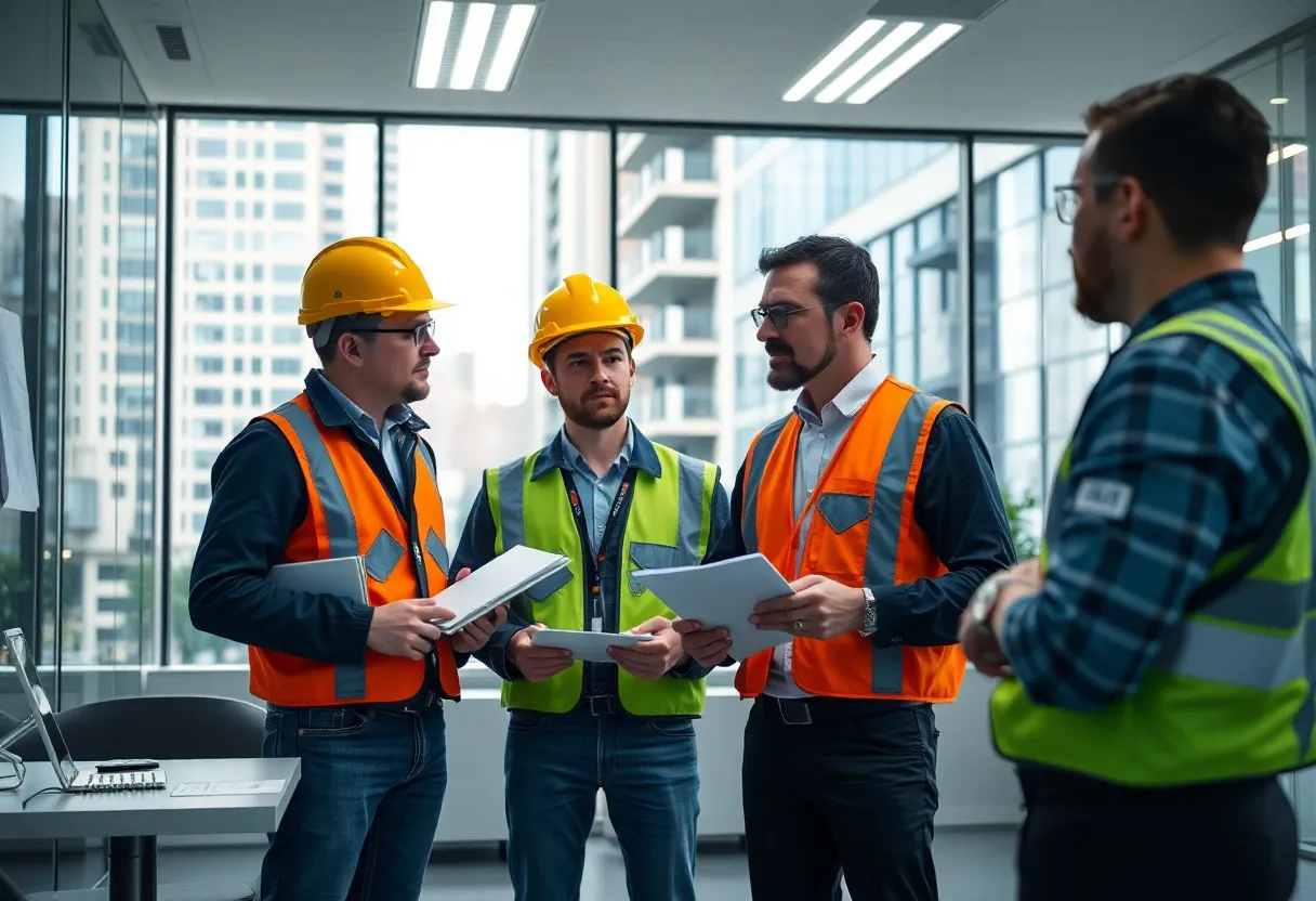 City building inspection office with professionals discussing safety