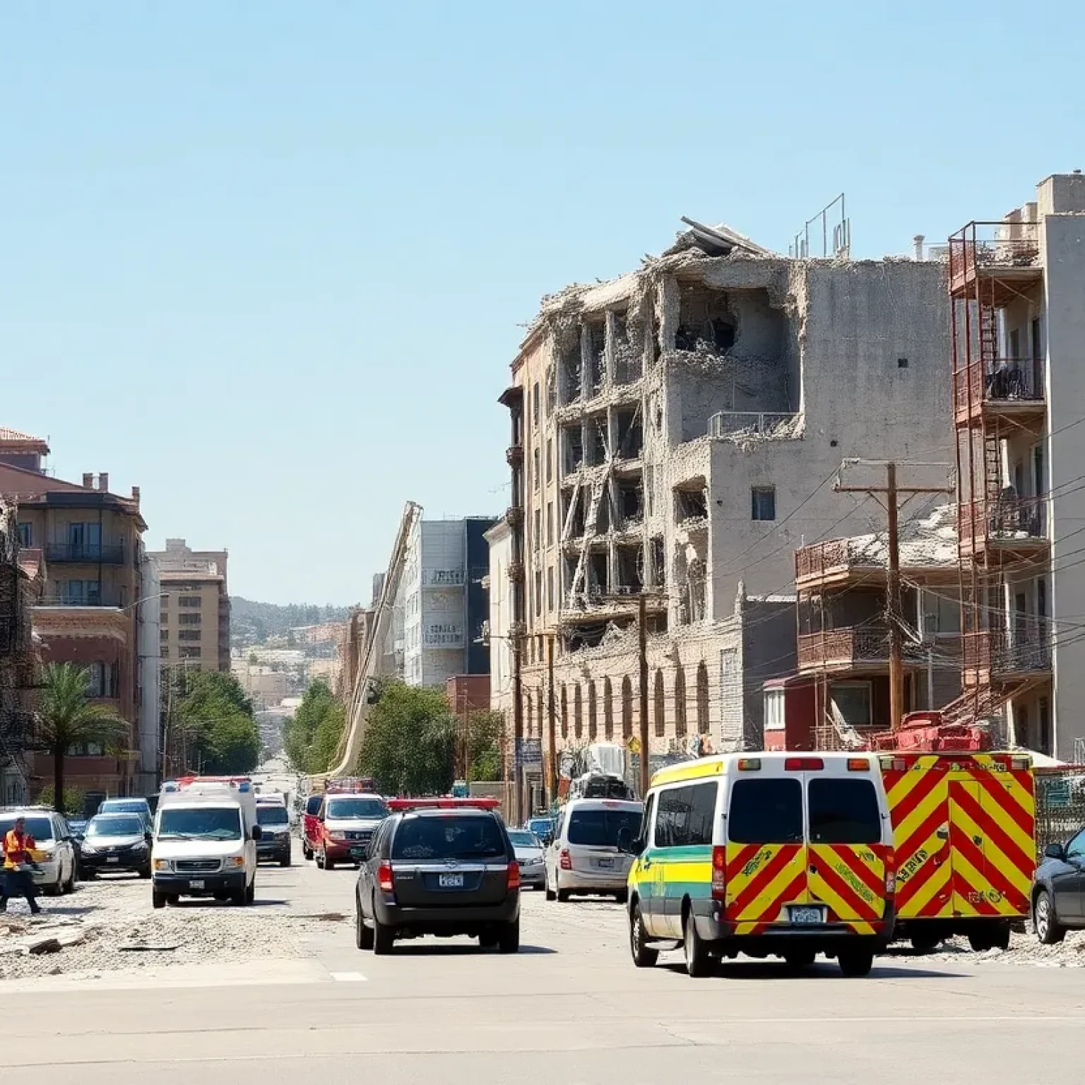 Damage caused by a major earthquake in California, with emergency responders and damaged buildings.