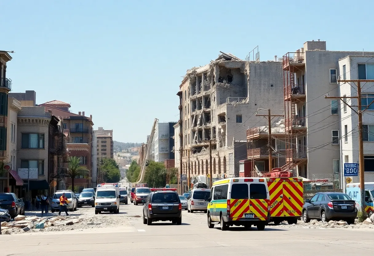 Damage caused by a major earthquake in California, with emergency responders and damaged buildings.