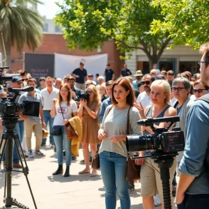 Actors and crew on a film set in Florida
