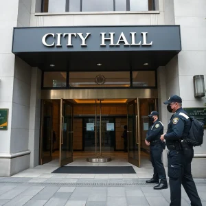 Security personnel at the entrance of a city hall building.
