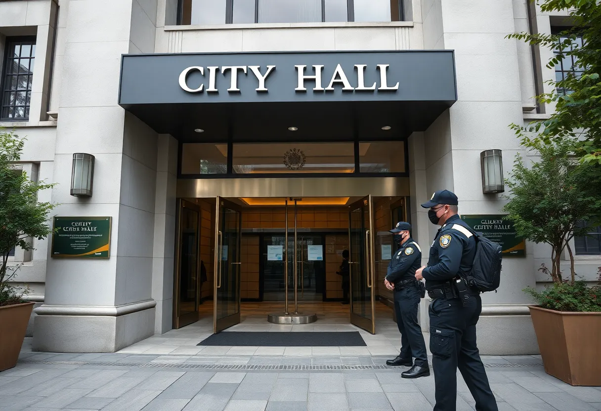 Security personnel at the entrance of a city hall building.