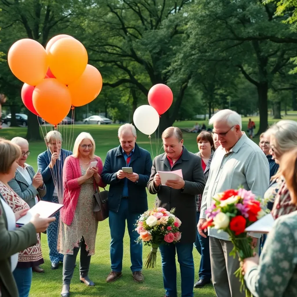 Community members gather to honor a beloved educator's legacy with flowers and shared memories.