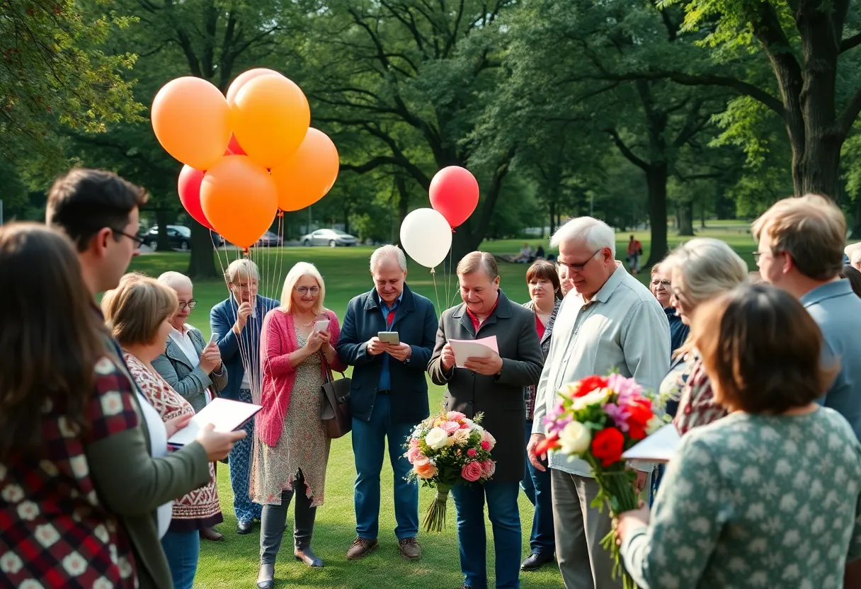 Community members gather to honor a beloved educator's legacy with flowers and shared memories.