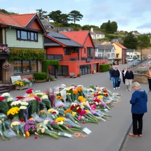 A memorial scene in Ponte Vedra Beach with flowers and community members gathered