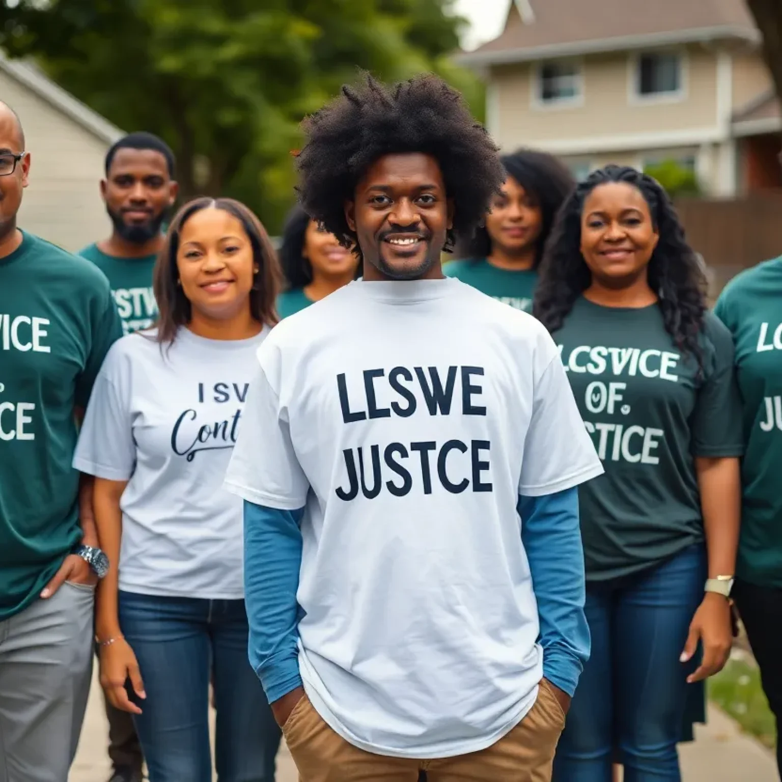 Group of individuals wearing T-shirts standing together in a neighborhood