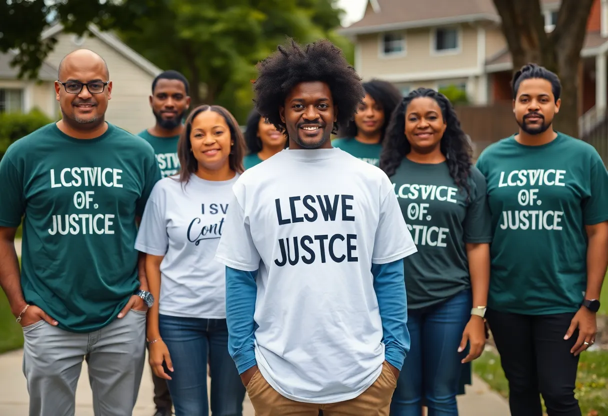 Group of individuals wearing T-shirts standing together in a neighborhood