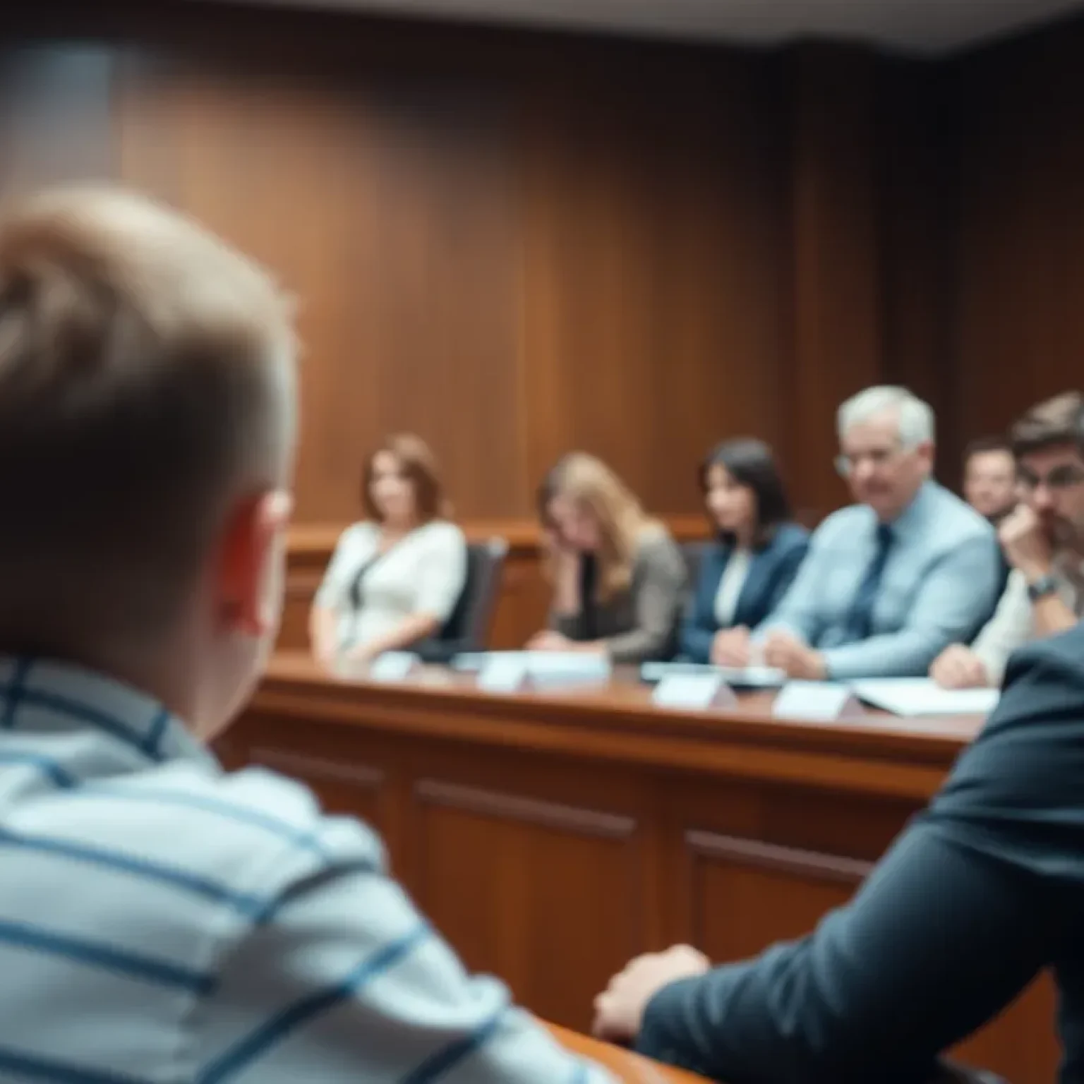Courtroom setting illustrating the gravity of a child abuse trial