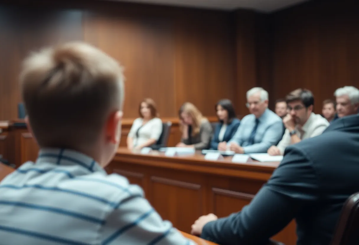 Courtroom setting illustrating the gravity of a child abuse trial