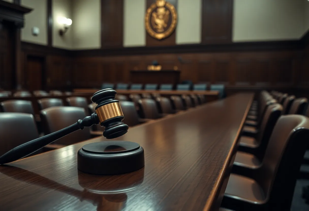 Courtroom scene illustrating just decision for the Behr family