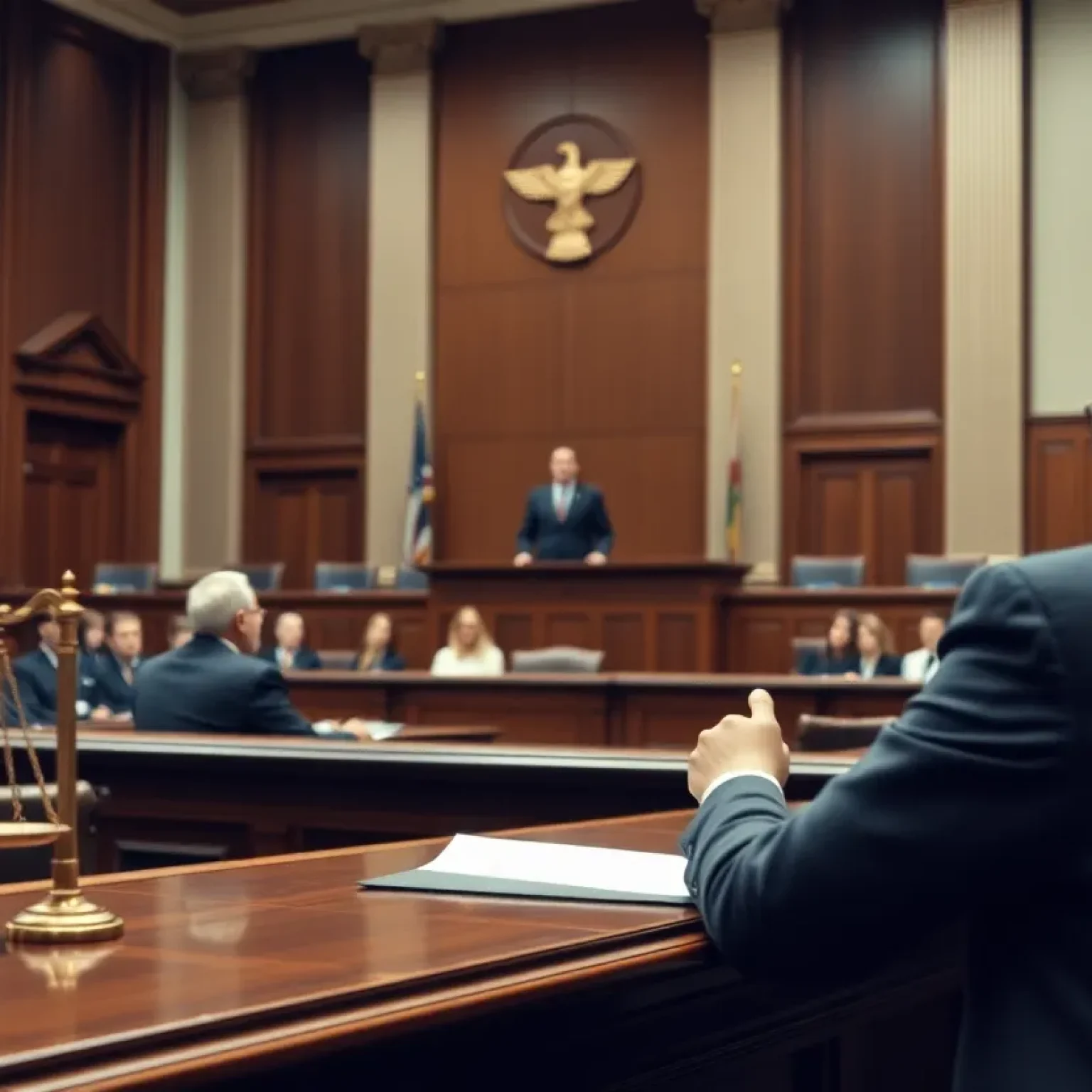 Courtroom scene focused on child abuse justice.