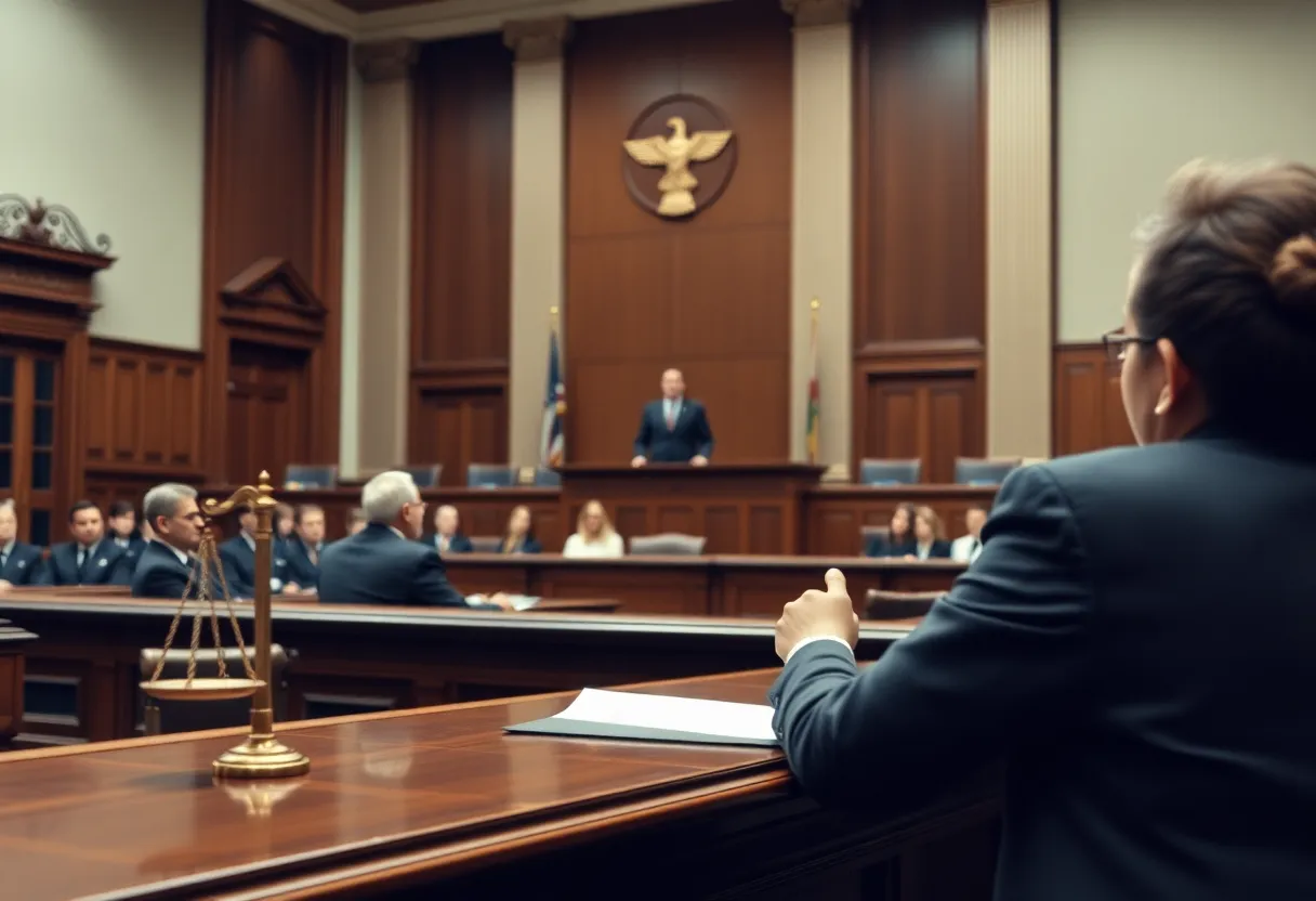 Courtroom scene focused on child abuse justice.