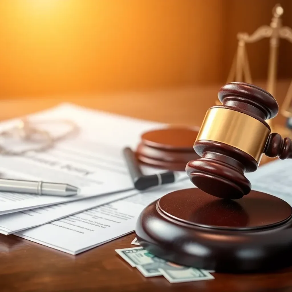 A representation of courtroom justice with legal documents and a gavel.