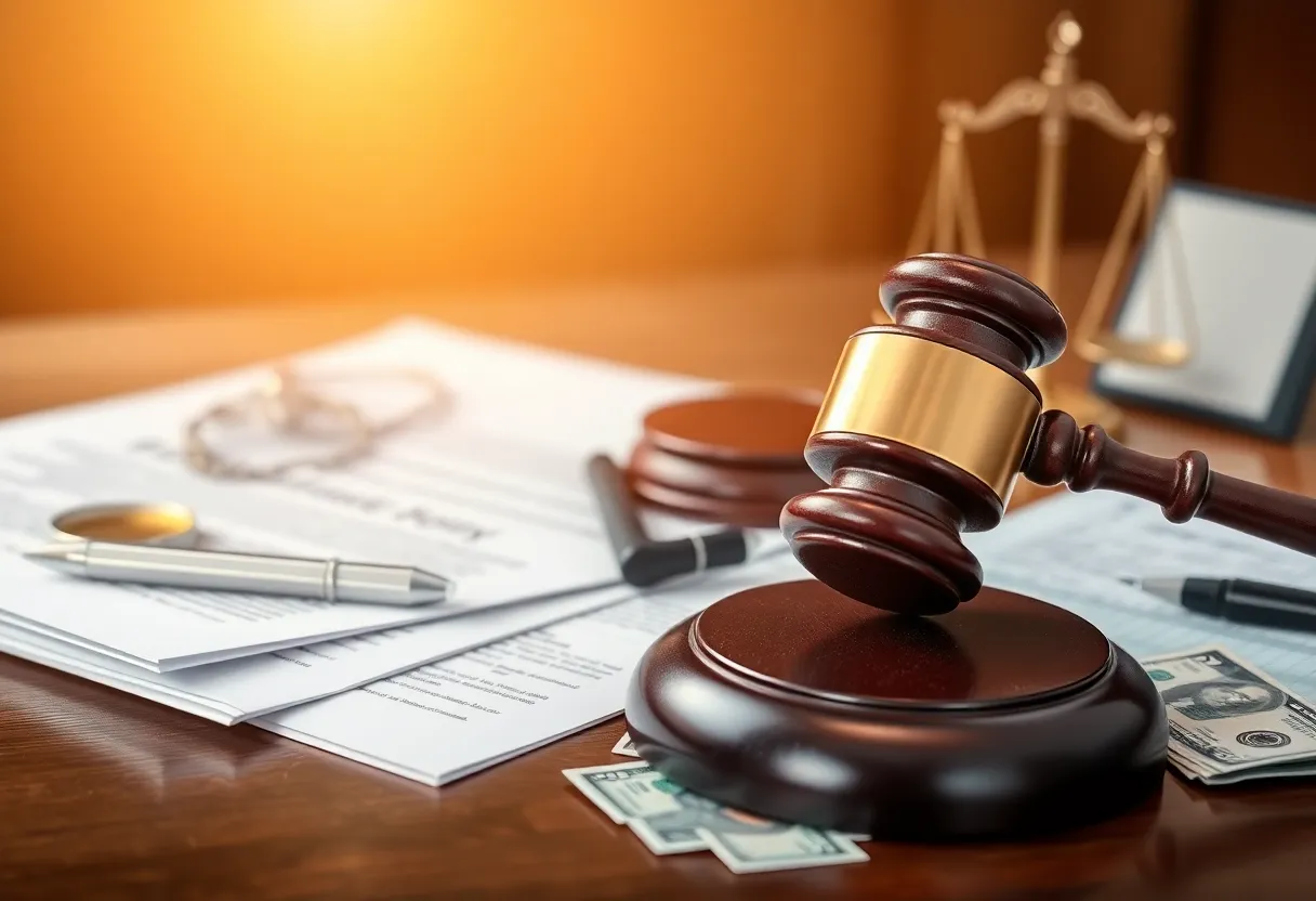 A representation of courtroom justice with legal documents and a gavel.
