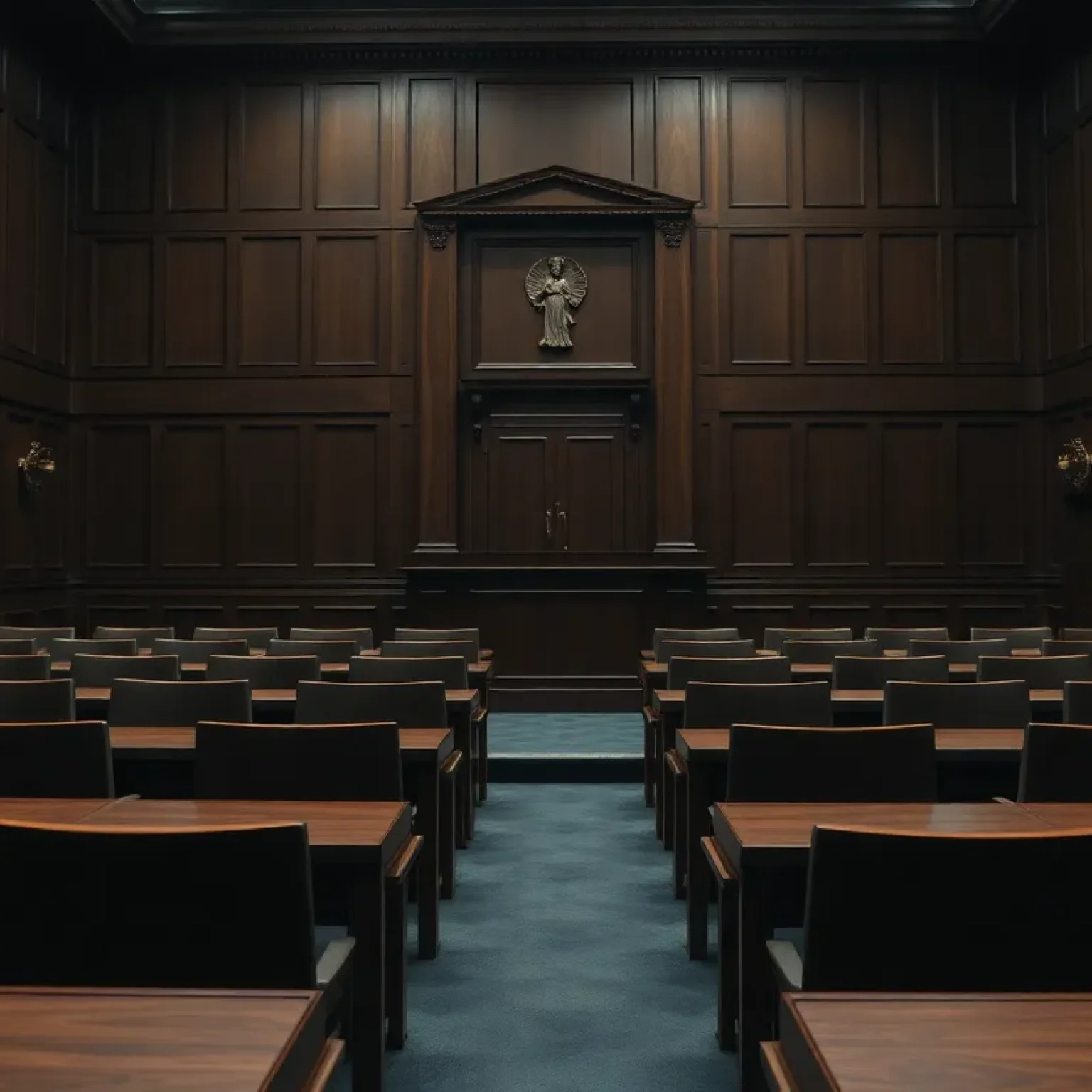 A courtroom during sentencing for a serious crime