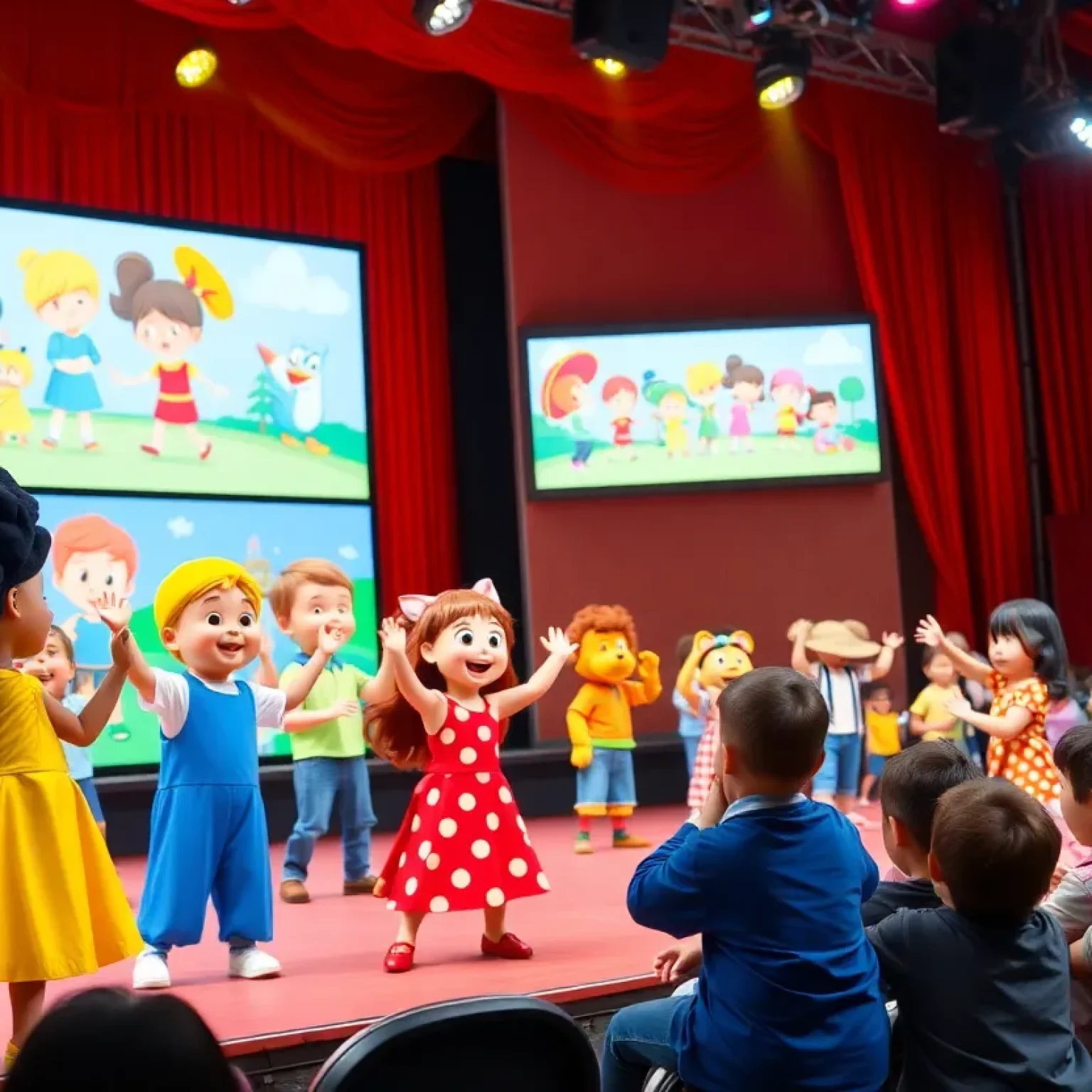 Colorful stage performance by Doggyland with animated characters