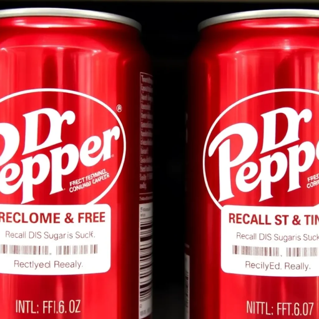 Dr. Pepper Zero Sugar cans with a recall notice displayed on a shelf.