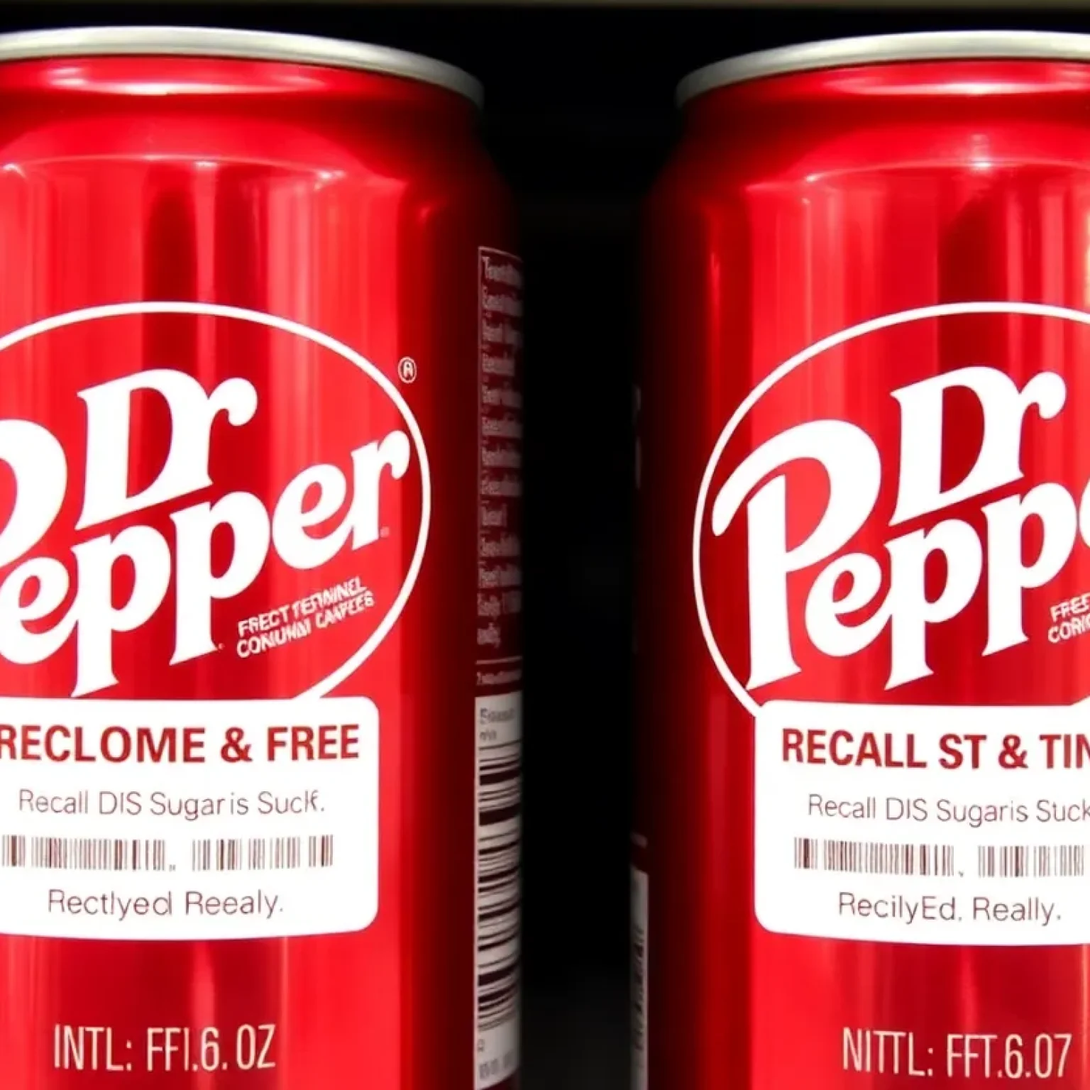 Dr. Pepper Zero Sugar cans with a recall notice displayed on a shelf.