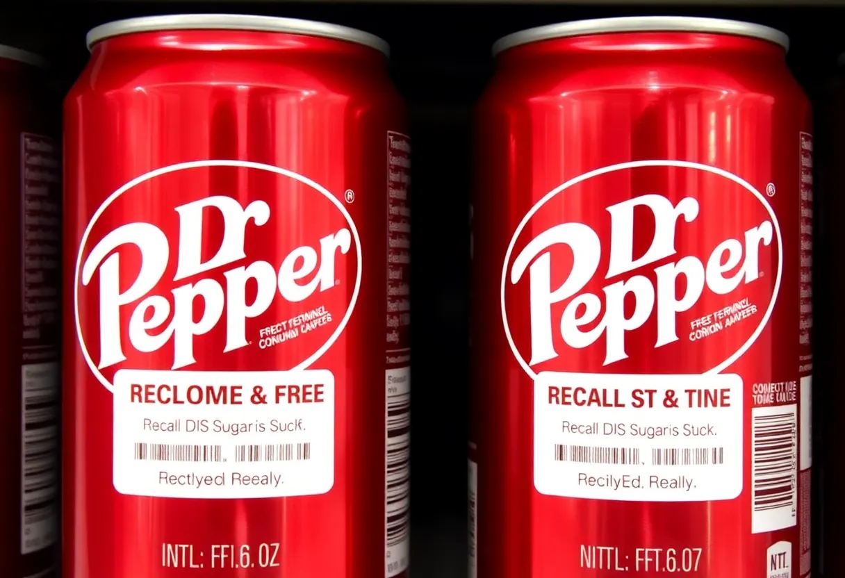 Dr. Pepper Zero Sugar cans with a recall notice displayed on a shelf.