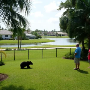 A black bear resting in a backyard in Punta Gorda Isles