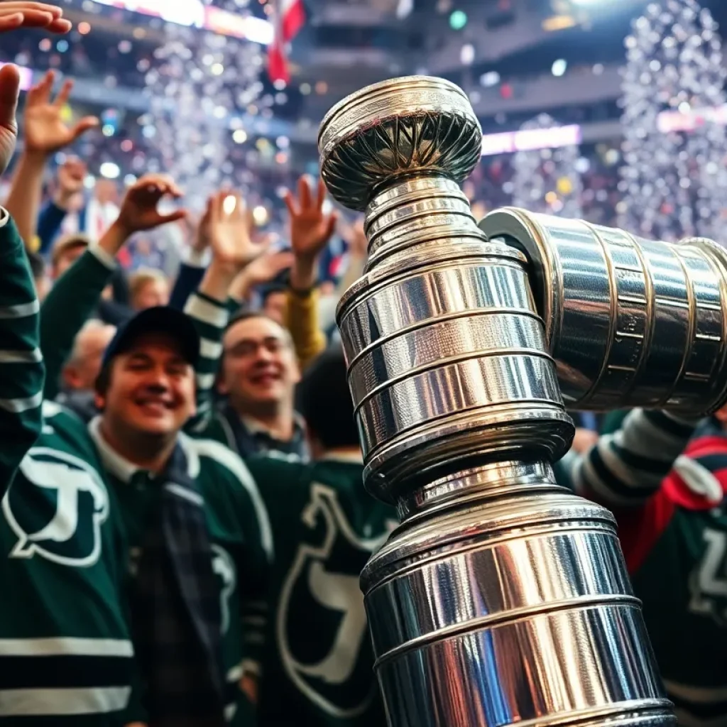 Fans celebrating the Florida Panthers' Stanley Cup victory with a damaged trophy