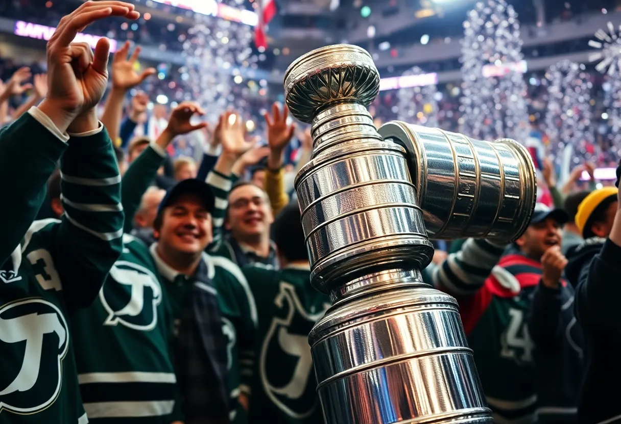 Fans celebrating the Florida Panthers' Stanley Cup victory with a damaged trophy