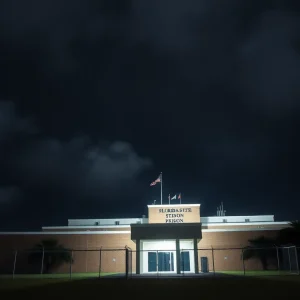 A view of Florida State Prison surrounded by dark clouds, symbolizing the gravity of capital punishment.