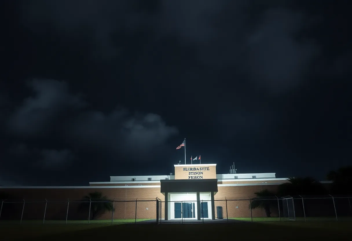 A view of Florida State Prison surrounded by dark clouds, symbolizing the gravity of capital punishment.