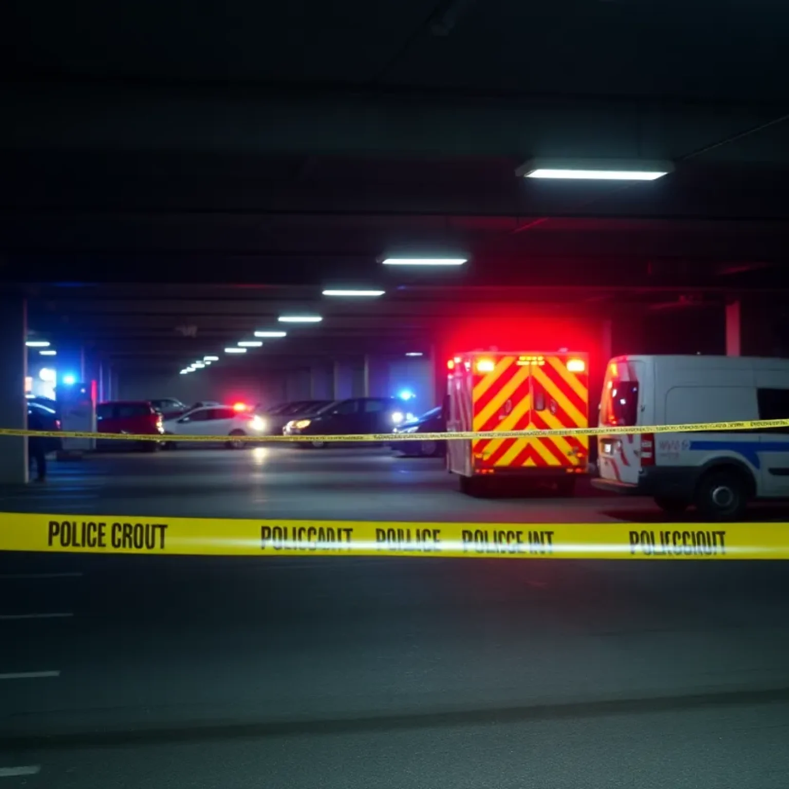 Police investigating a crime scene in a parking garage