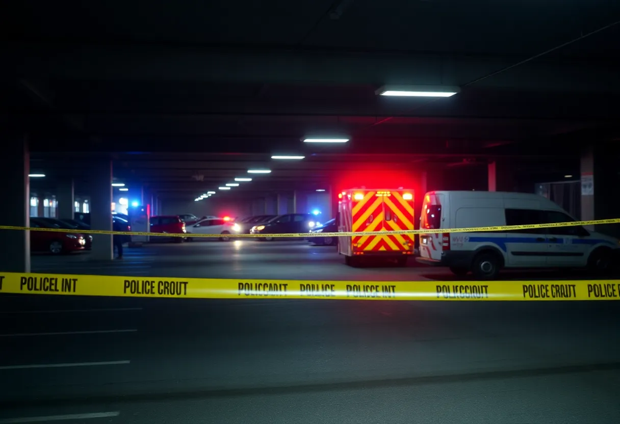 Police investigating a crime scene in a parking garage