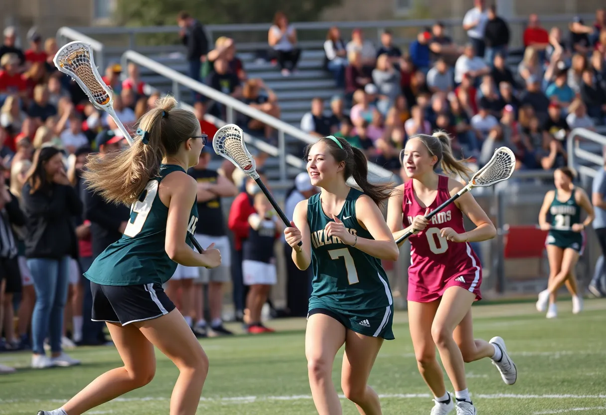 Girls lacrosse team playing in a match