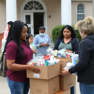 Volunteers distributing hurricane preparedness kits at a drive-thru event in Jacksonville