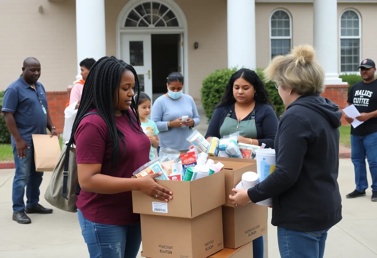 Volunteers distributing hurricane preparedness kits at a drive-thru event in Jacksonville