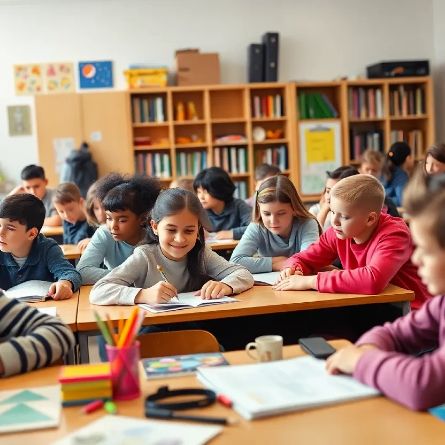 Students engaged in a lively classroom discussion led by a teacher