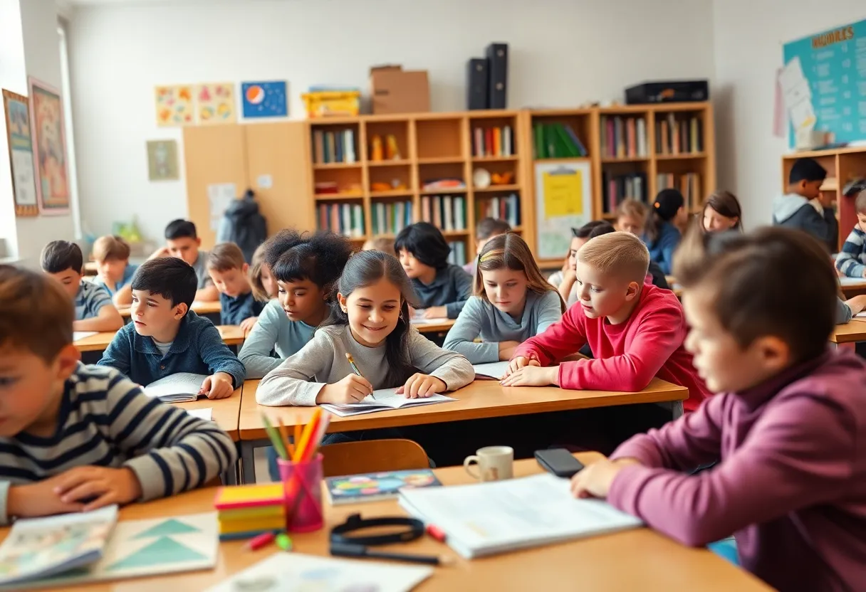 Students engaged in a lively classroom discussion led by a teacher