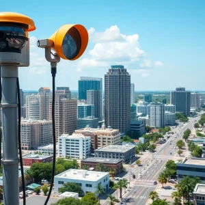 Urban Jacksonville scene with air quality monitoring equipment