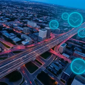 Aerial view of Jacksonville with traffic and auto insurance symbols