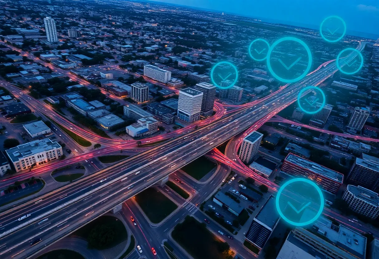 Aerial view of Jacksonville with traffic and auto insurance symbols