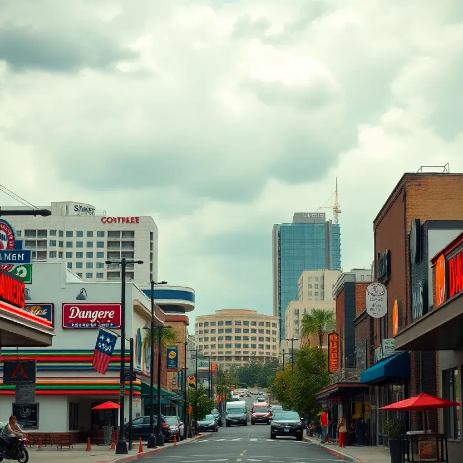 Cityscape depicting Jacksonville, Florida, with chain restaurants and urban architecture.